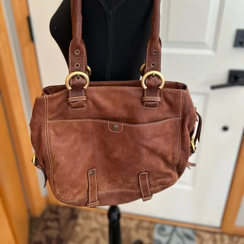 Francesco Biasia brown satchel shoulder bag gold brass hardware with dust bag